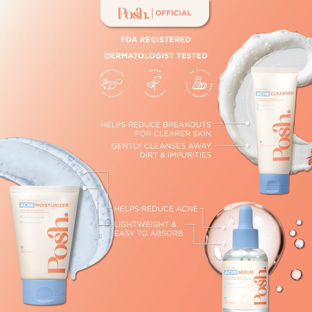 Posh Skincare Acne Set 3 - Facial Cleanser, Serum, Moisturizer