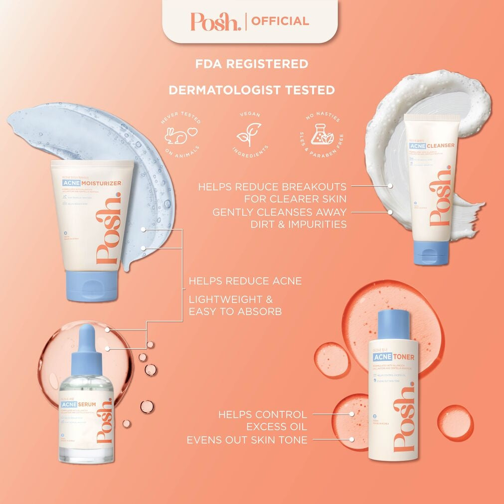 Posh Skincare Acne Set 4 - Facial Cleanser, Toner, Serum, Moisturizer