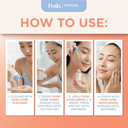Posh Skincare Acne Set 4 - Facial Cleanser, Toner, Serum, Moisturizer