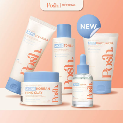 Posh Skincare Acne Set 5 - Facial Cleanser , Clay Mask, Toner, Serum , Moisturizer