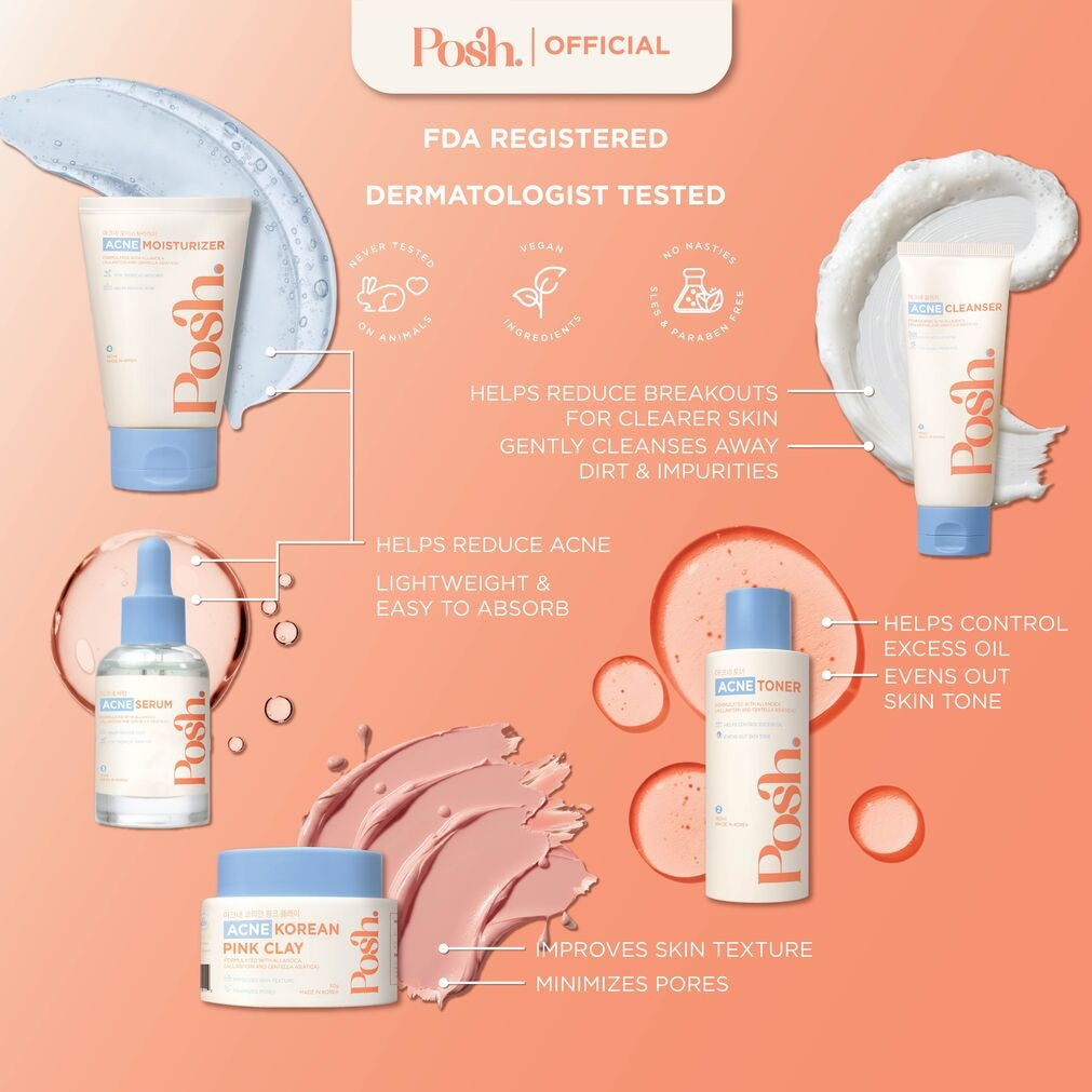 Posh Skincare Acne Set 5 - Facial Cleanser , Clay Mask, Toner, Serum , Moisturizer