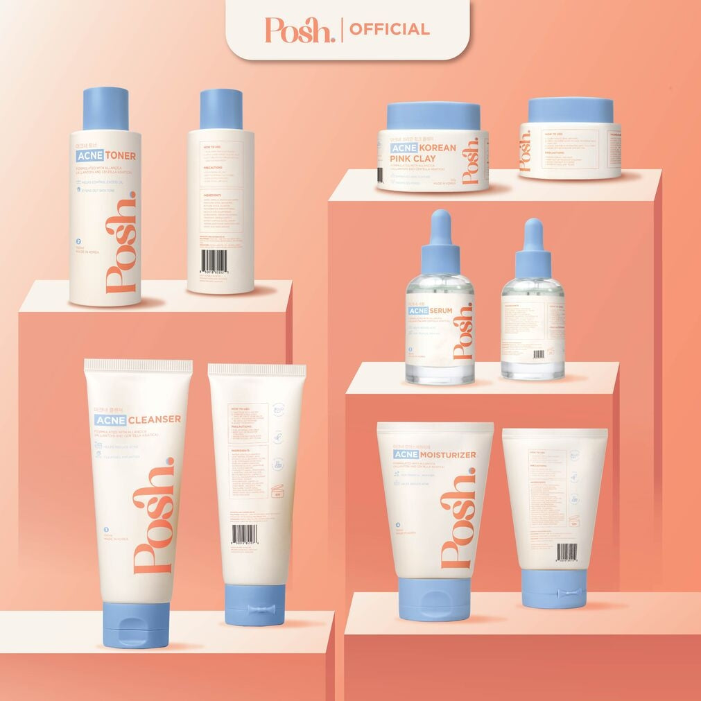 Posh Skincare Acne Set 5 - Facial Cleanser , Clay Mask, Toner, Serum , Moisturizer