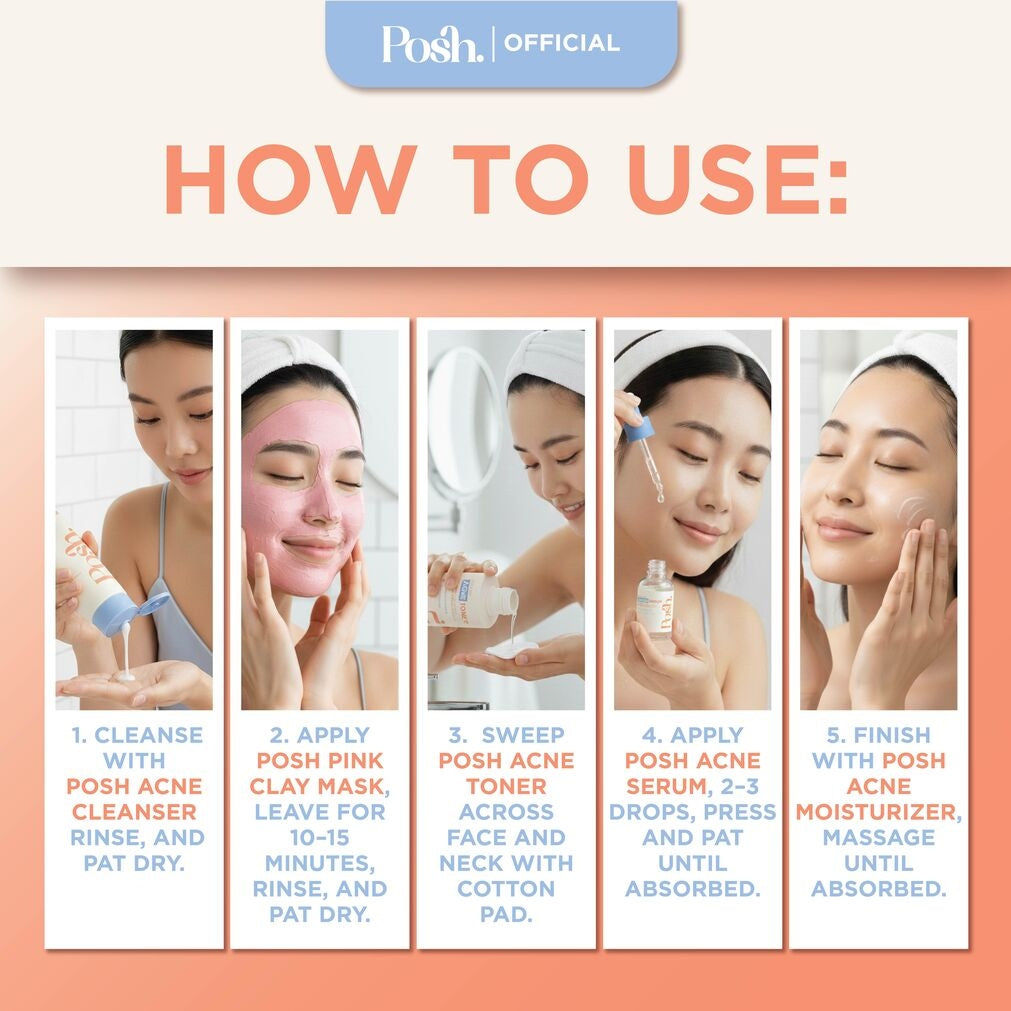 Posh Skincare Acne Set 5 - Facial Cleanser , Clay Mask, Toner, Serum , Moisturizer